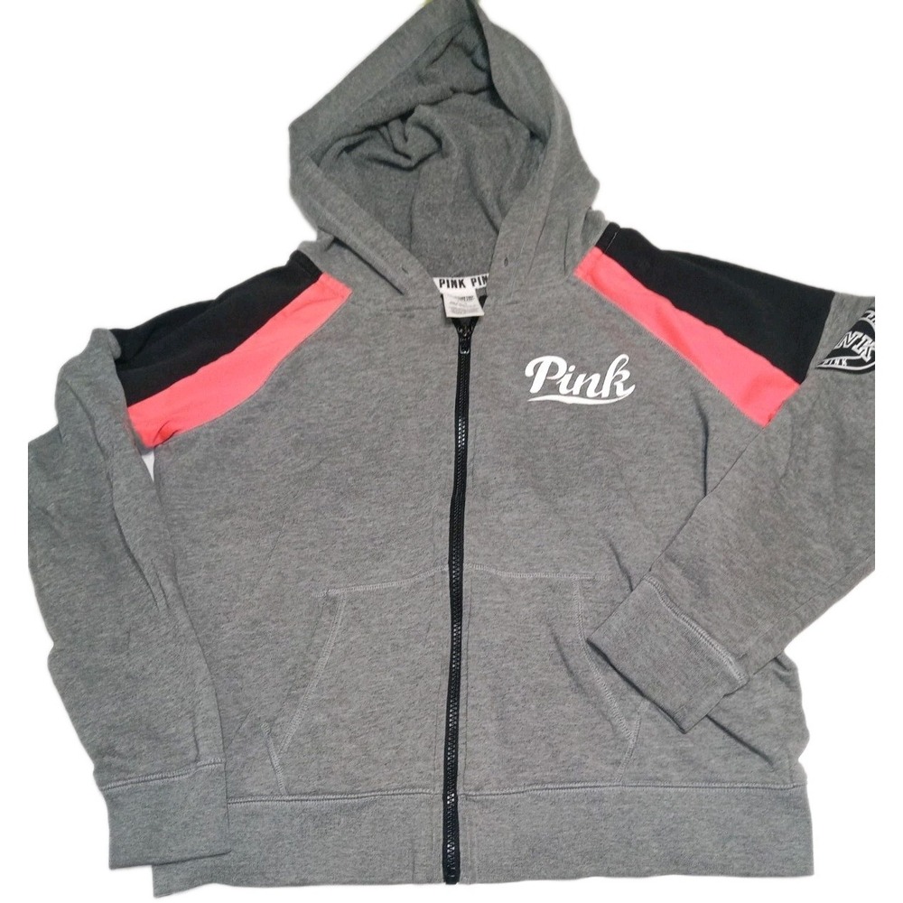 PINK Victoria's Secret Hoodie Full Zip Gray Pink Black Logo Women's L
